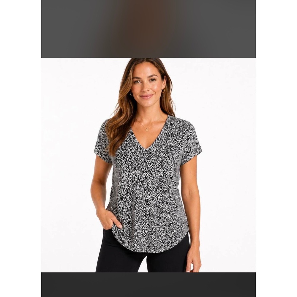 Athleta Breezy V-Neck Tee Black White Cheetah Leopard Print Modal Top Small S
